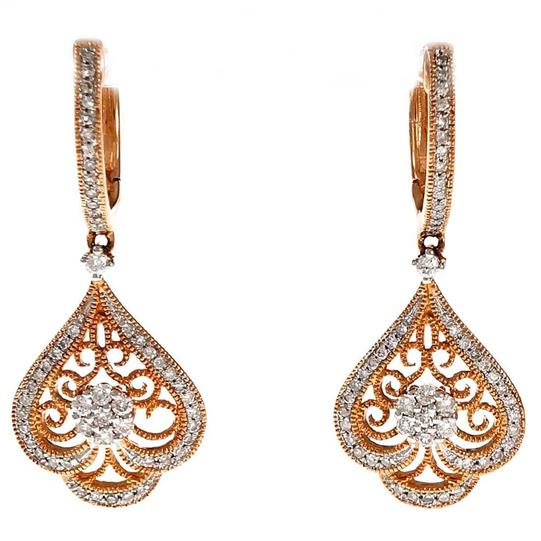 Diamond Filigree Rose Gold Dangle Earrings