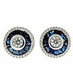 Round Diamond Sapphire Halo Gold Stud Earrings 12
