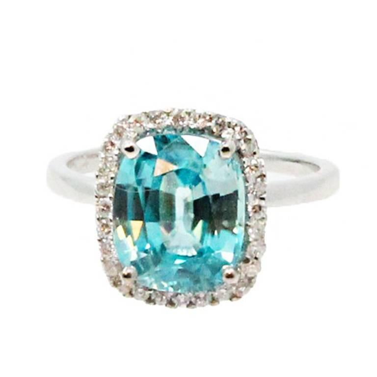 Blue Zircon and Diamond Ring For Sale