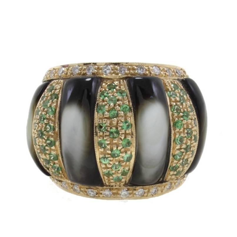 Diamonds, Tsavorite, Grey Stones Dome Gold Ring For Sale