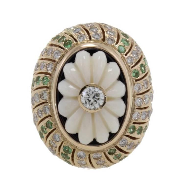 Diamonds Tsavorite Coral Onyx Cluster Gold Ring For Sale