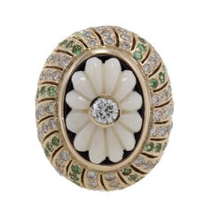 Used Diamonds Tsavorite Coral Onyx Cluster Gold Ring