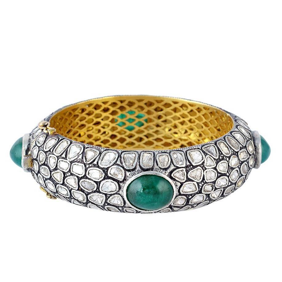 Emerald and Rosecut Diamond Bangle Made In 14k Gold & Silver For Sale
