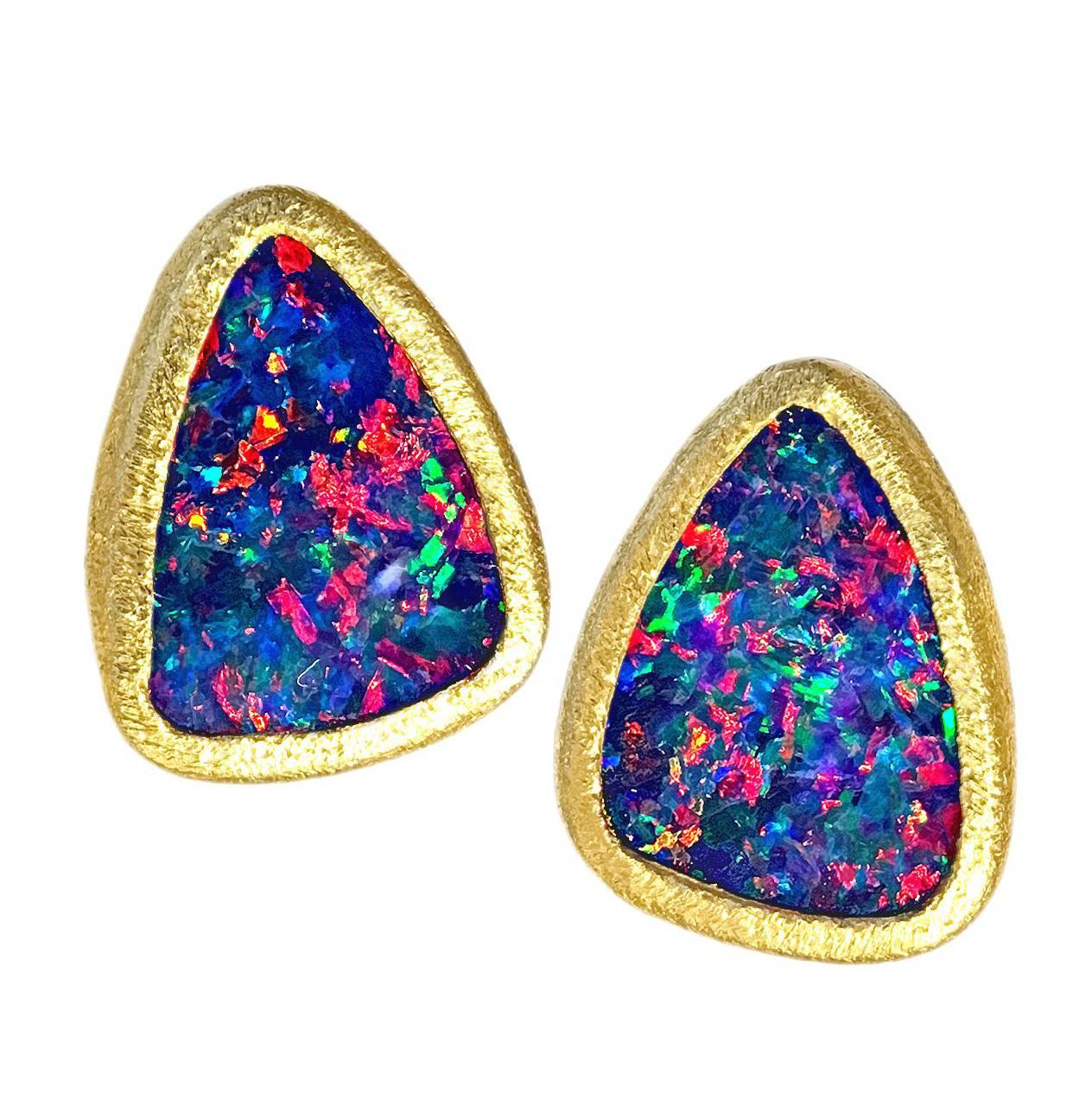 Devta Doolan Violet Blue Opal Doublet Multicolored Fire Confetti Stud Earrings