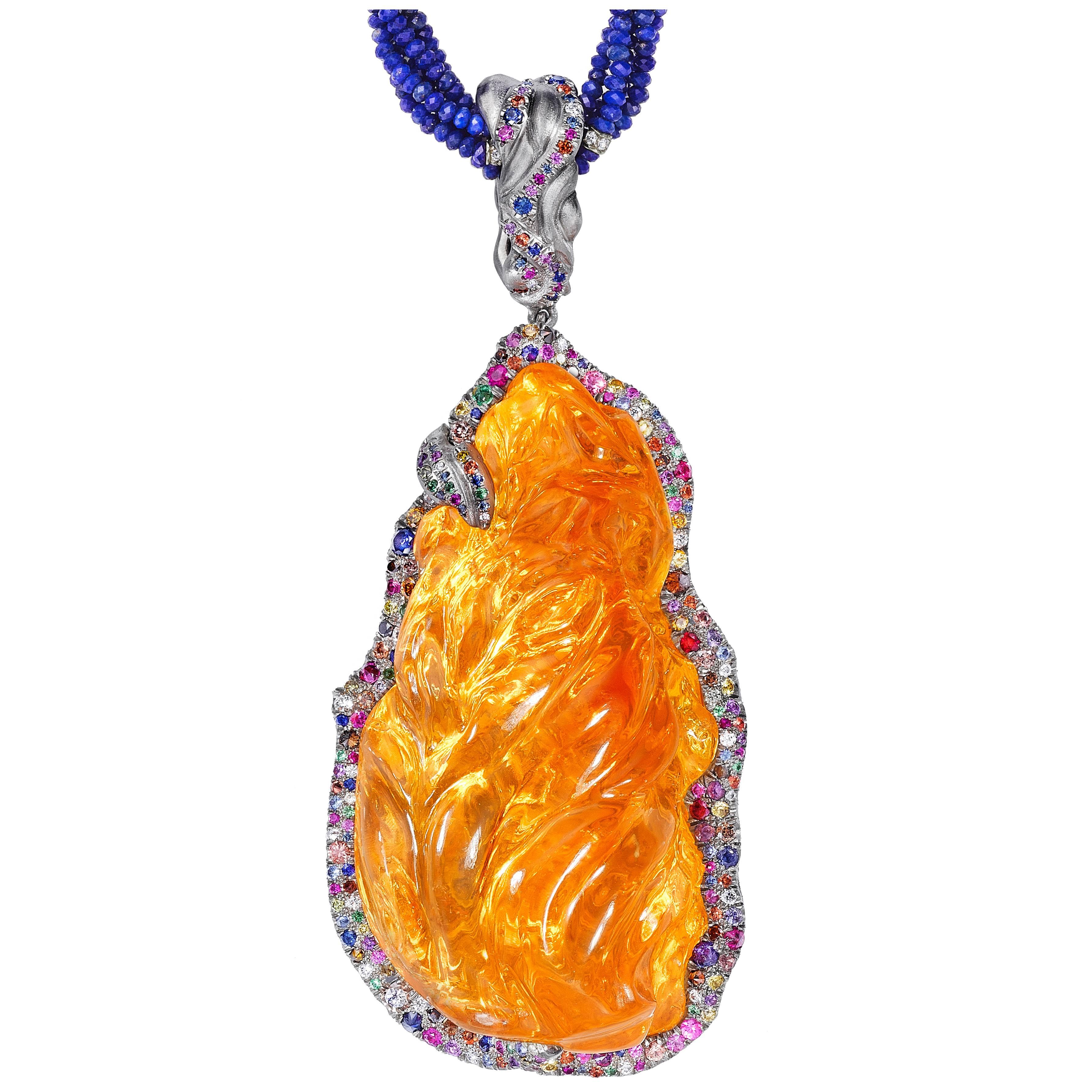 Naomi Sarna Fire Opal Multi-Color Diamond Sapphire Lapis Lazuli Necklace For Sale