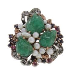 Retro Luise Diamonds Garnets Blue Sapphires Emeralds Pearls Coctail Ring