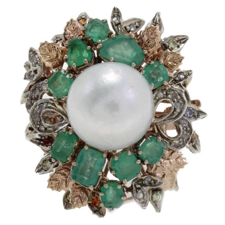 Diamonds Emeralds Colored Stones Australian Pearl Cluster Gold and Silver Ring