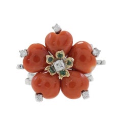 Diamonds Emeralds Coral Fashion Gold Ring