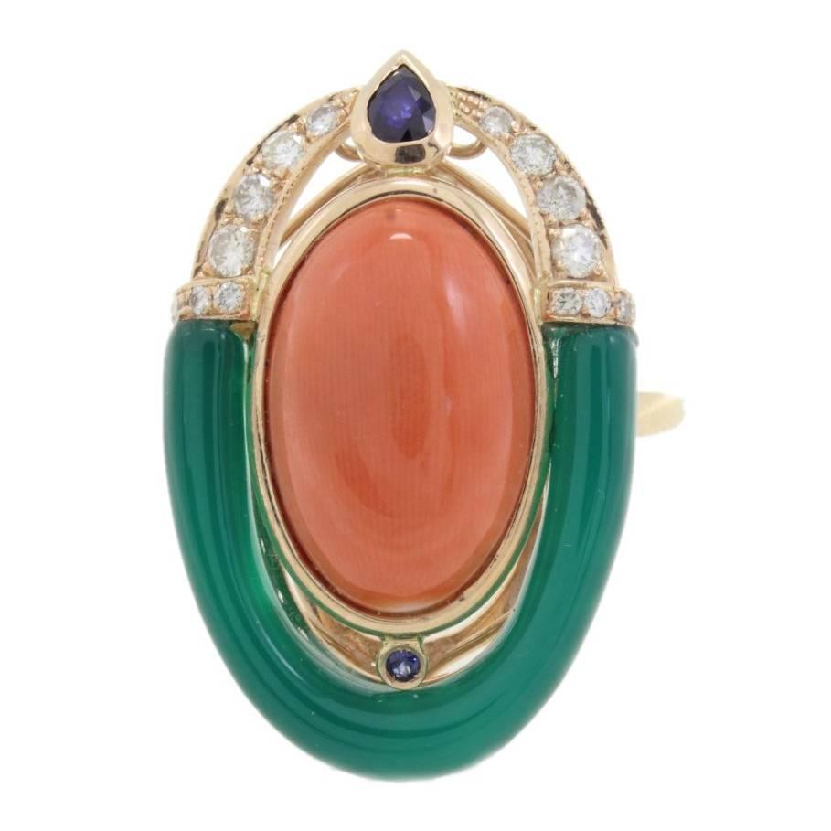 Diamonds Blue Sapphire Green Agate Coral Cocktail Gold Ring
