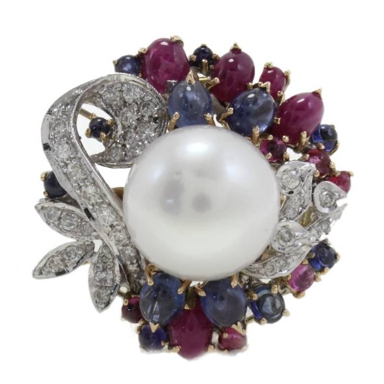 Diamonds Rubies Blue Sapphires Pearl Cluster Gold Ring