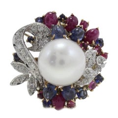 Diamonds Rubies Blue Sapphires Pearl Cluster Gold Ring