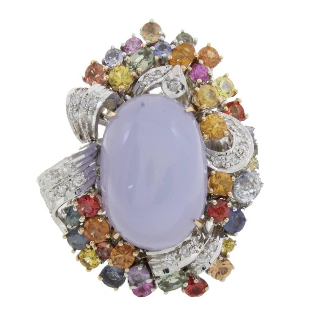 Bague en or blanc et rose 14 carats avec diamants, saphirs multicolores et calcédoine.