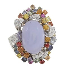 Diamanten, mehrfarbige Saphire, Chalcedon, Ring aus 14 Karat Weiß- und Roségold.