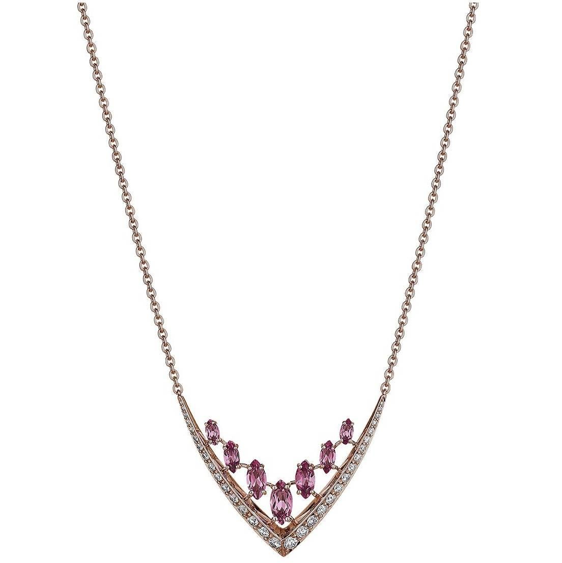 Pink Tourmaline and Diamond Aerial 'V' Necklace For Sale