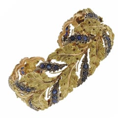 1960s Buccellati Gold Silver Sapphire Leaf Motif Cuff Bracelet
