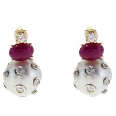 1.08 Carat Diamonds and 2.89 Carat Rubies Australian Pearls Stud Gold Earrings