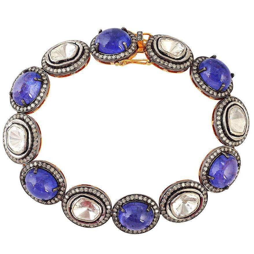 Tanzanite and Rose Cut Diamond Bracelet With Pave Diamonds In 14k Gold & Silver For Sale