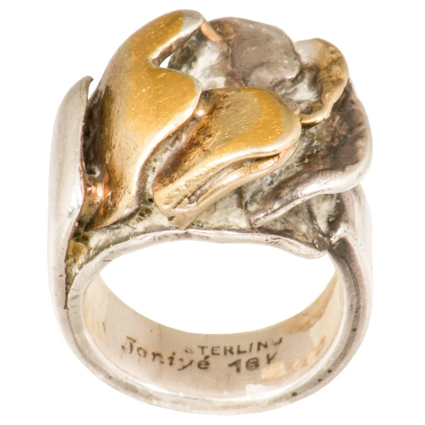 Brutalist Mid-Century Gold and Silver Ring by Miye Matsuka For Sale