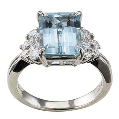 2.50 Carat Emerald Cut Aquamarine Diamond Platinum Ring