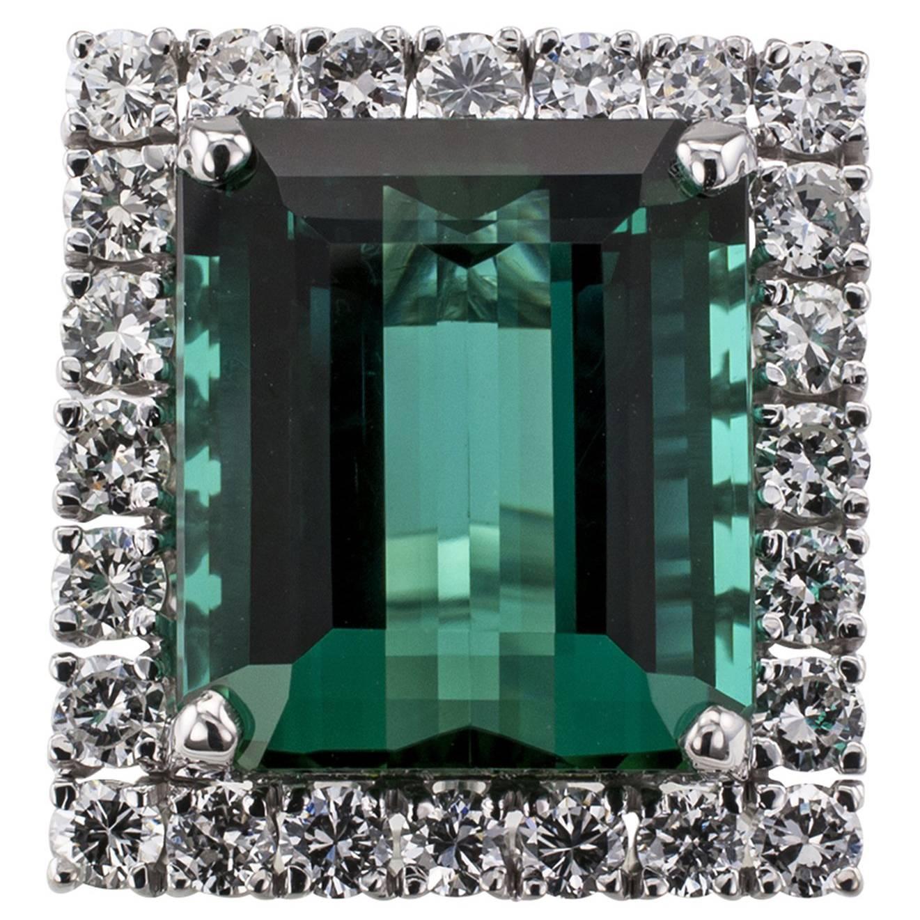 1960s Emerald Cut Blue Green Tourmaline Diamond Cocktail Ring