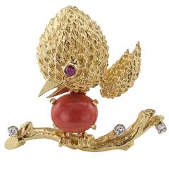 Vintage 1970s Coral Ruby Diamond Gold Duckling Brooch 