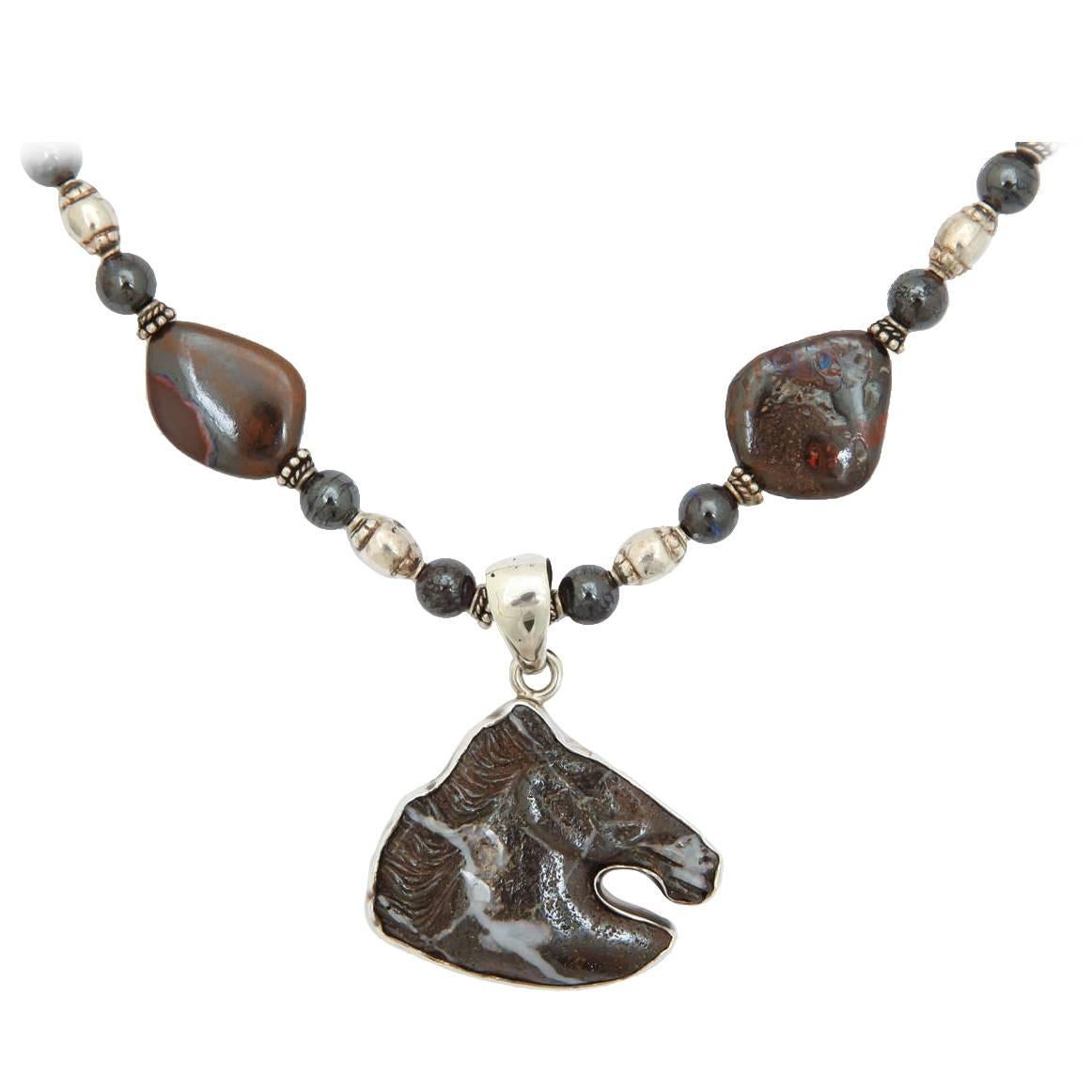 Boulder Opal Silver Horse Head Necklace For Sale