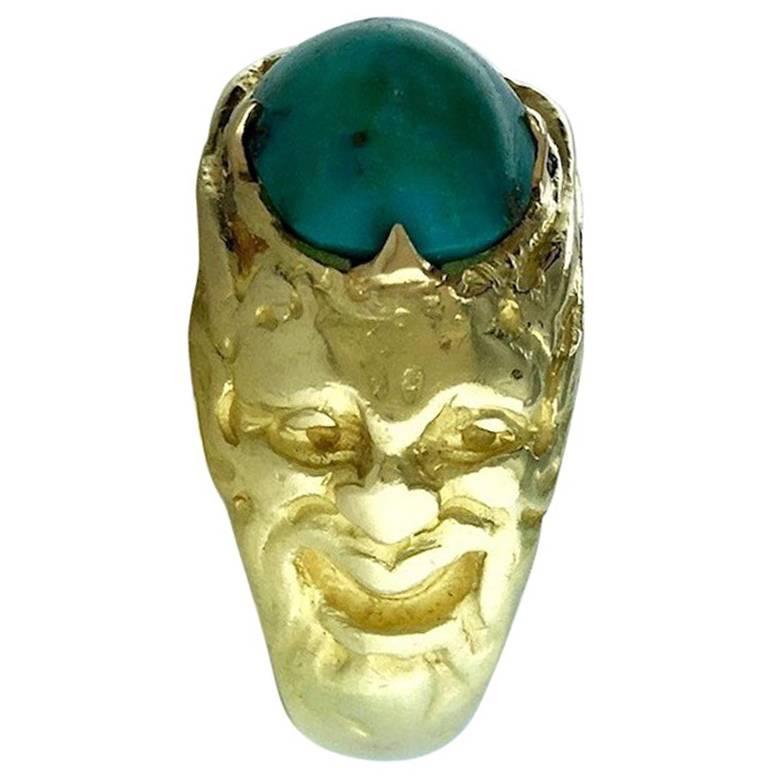 1900s French Art Nouveau Turquoise and Gold Ring