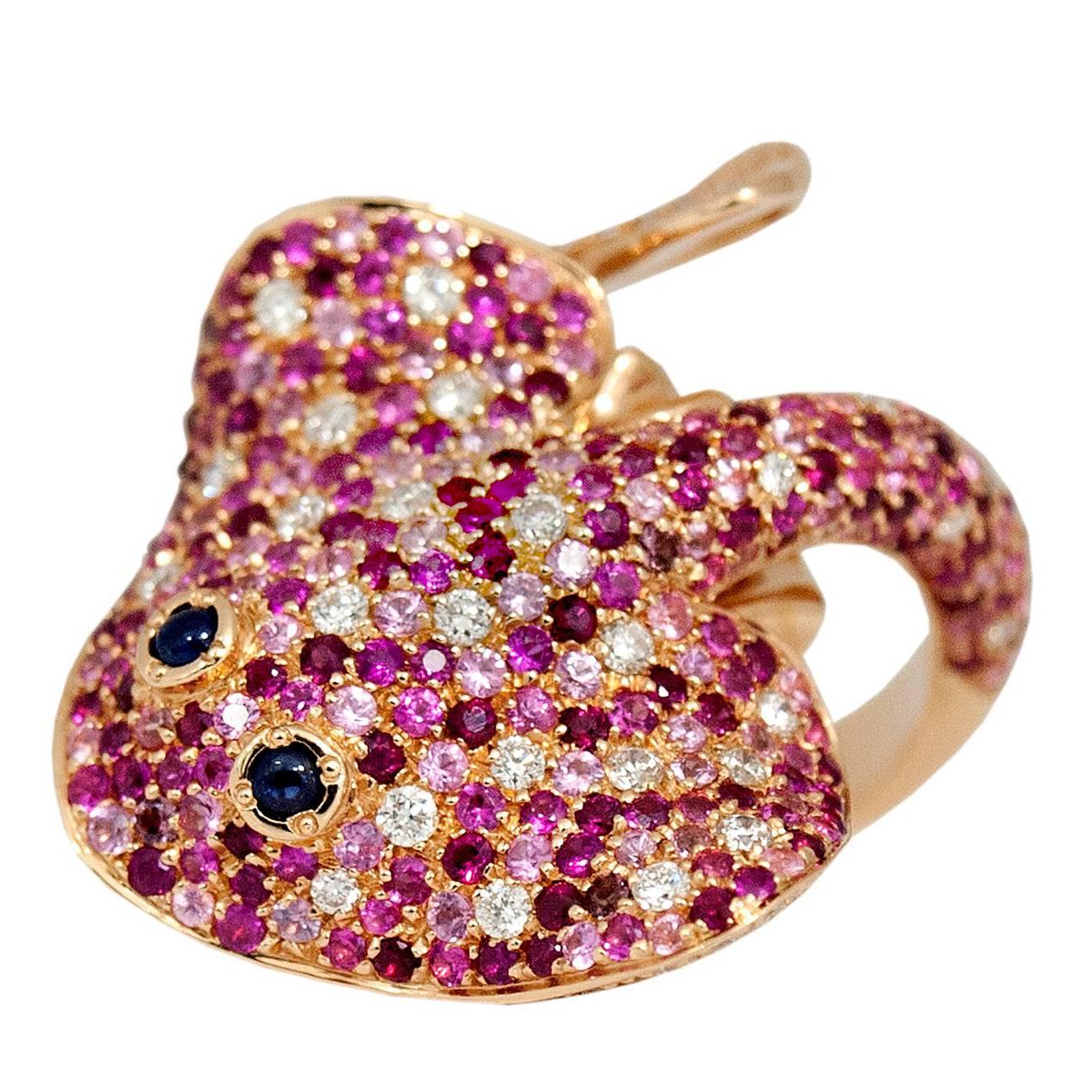 Ray Fish White Diamond Pink and Blue Sapphire Ruby 18 Kt Gold Ring Made in Italy
This ring is inspired by the sea and nature, it's a ray fish in red gold covered by many precious stones such as white diamonds, pink sapphires (in three kinds of