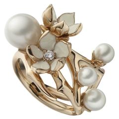 Silver Rose Gold Vermeil Cherry Blossom Ring with Freshwater Pearls and Diamonds