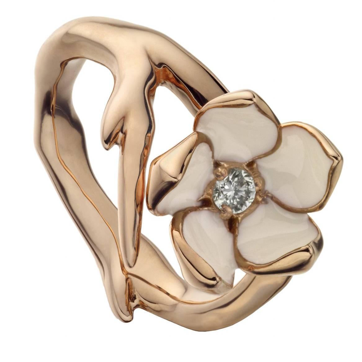 Silver Rose Gold Vermeil Cherry Blossom Ring with Diamond and Enamel For Sale