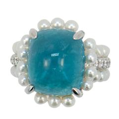Laura Munder Paraiba Tourmaline Diamond Cultured Pearl White Gold Ring 4