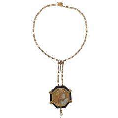 Vintage Erte Aventurine Onyx Mother-of-Pearl Diamond Gold Cameo Necklace