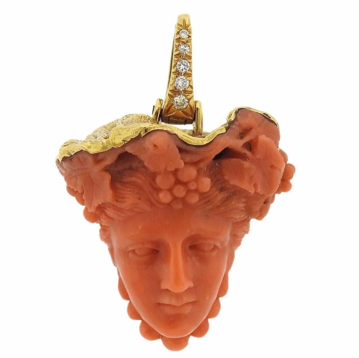Andrew Clunn Carved Coral Diamond Gold Bacchus Pendant