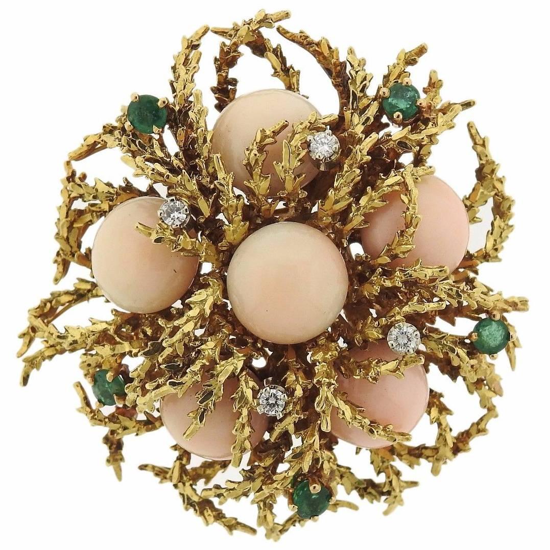 1970s Gold Coral Emerald Diamond Brooch Pin