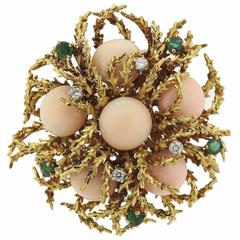 Vintage 1970s Gold Coral Emerald Diamond Brooch Pin