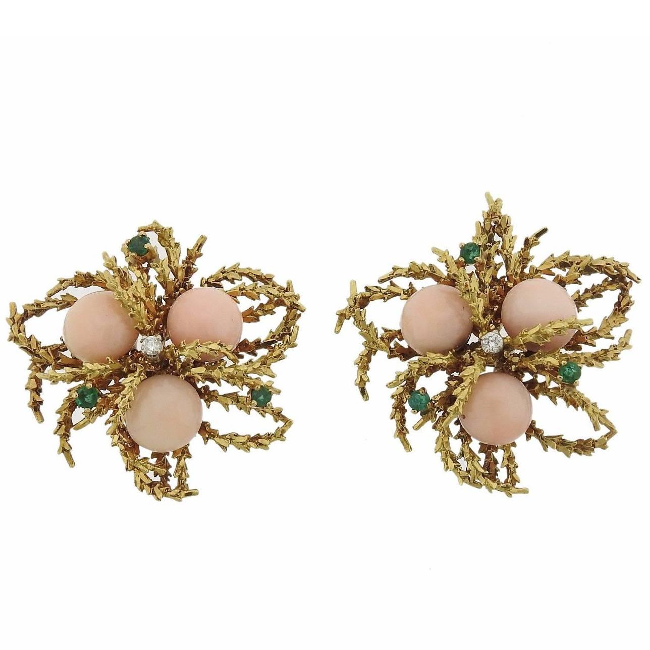 1970s Gold Coral Emerald Diamond Earrings