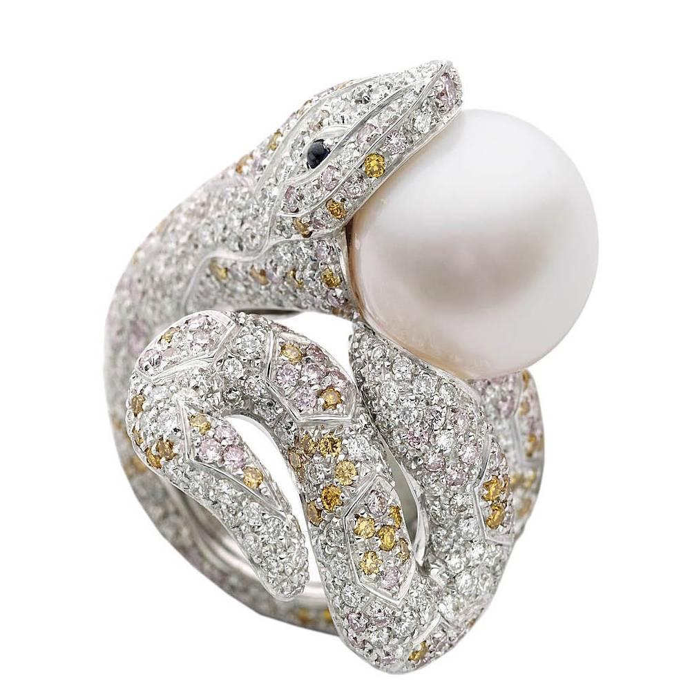Snake White Yellow Pink Diamond Sapphire Pearl 18kt Gold Ring and Jewelry box For Sale