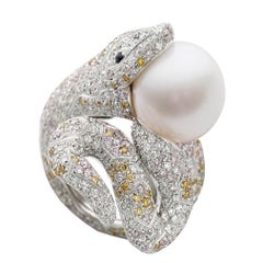 Snake White Yellow Pink Diamond Sapphire Pearl 18kt Gold Ring and Jewelry box