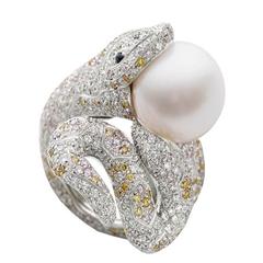 Snake White Yellow Pink Diamonds Blue Sapphire Australian Pearl Gold Ring