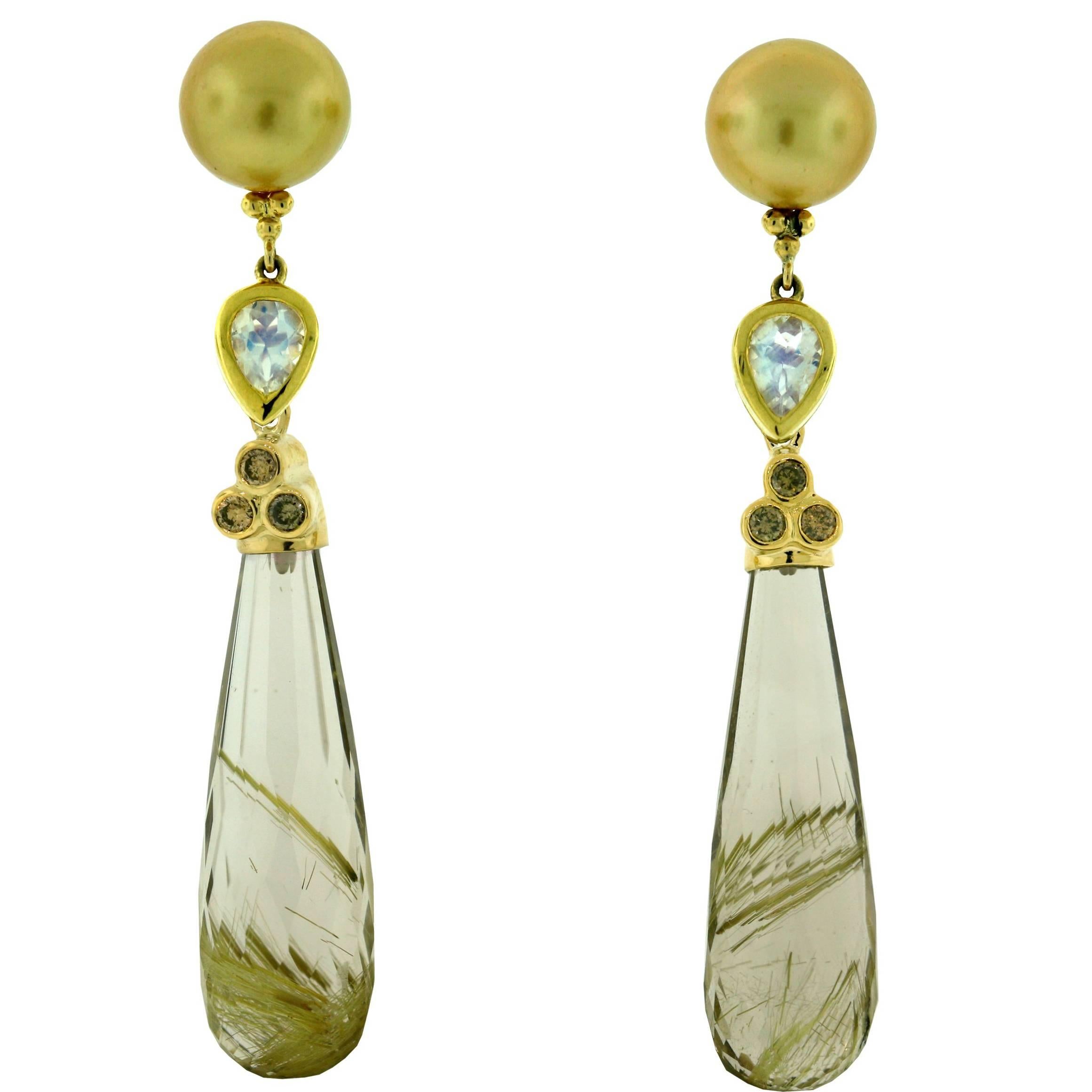 One of a Kind Pearl, Moonstone, Rutilated Quartz and Brown Diamond Earrings. For Sale