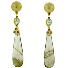 One of a Kind Pearl, Moonstone, Rutilated Quartz and Brown Diamond Earrings.