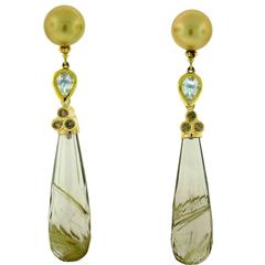 One of a Kind Pearl, Moonstone, Rutilated Quartz and Brown Diamond Earrings. 4