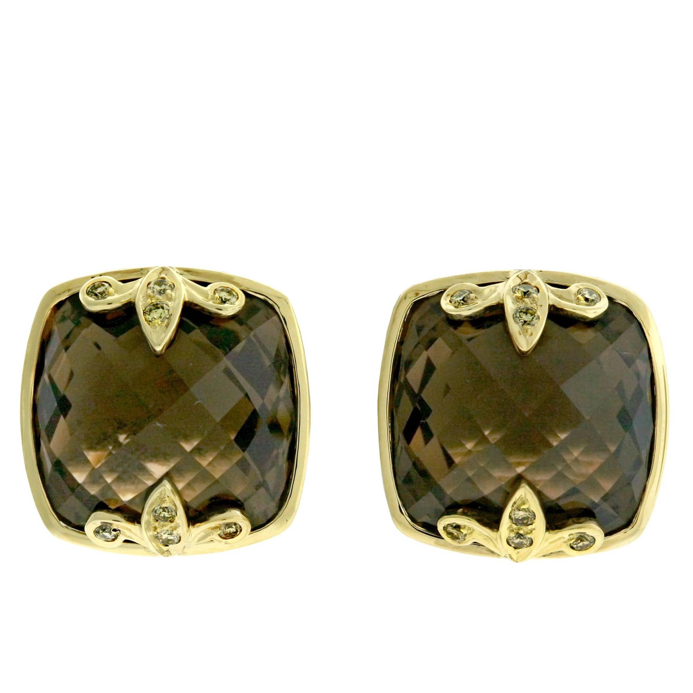 Crevoshay One of a Kind Boulder Brown Diamond and Smokey Quartz Earrings. For Sale