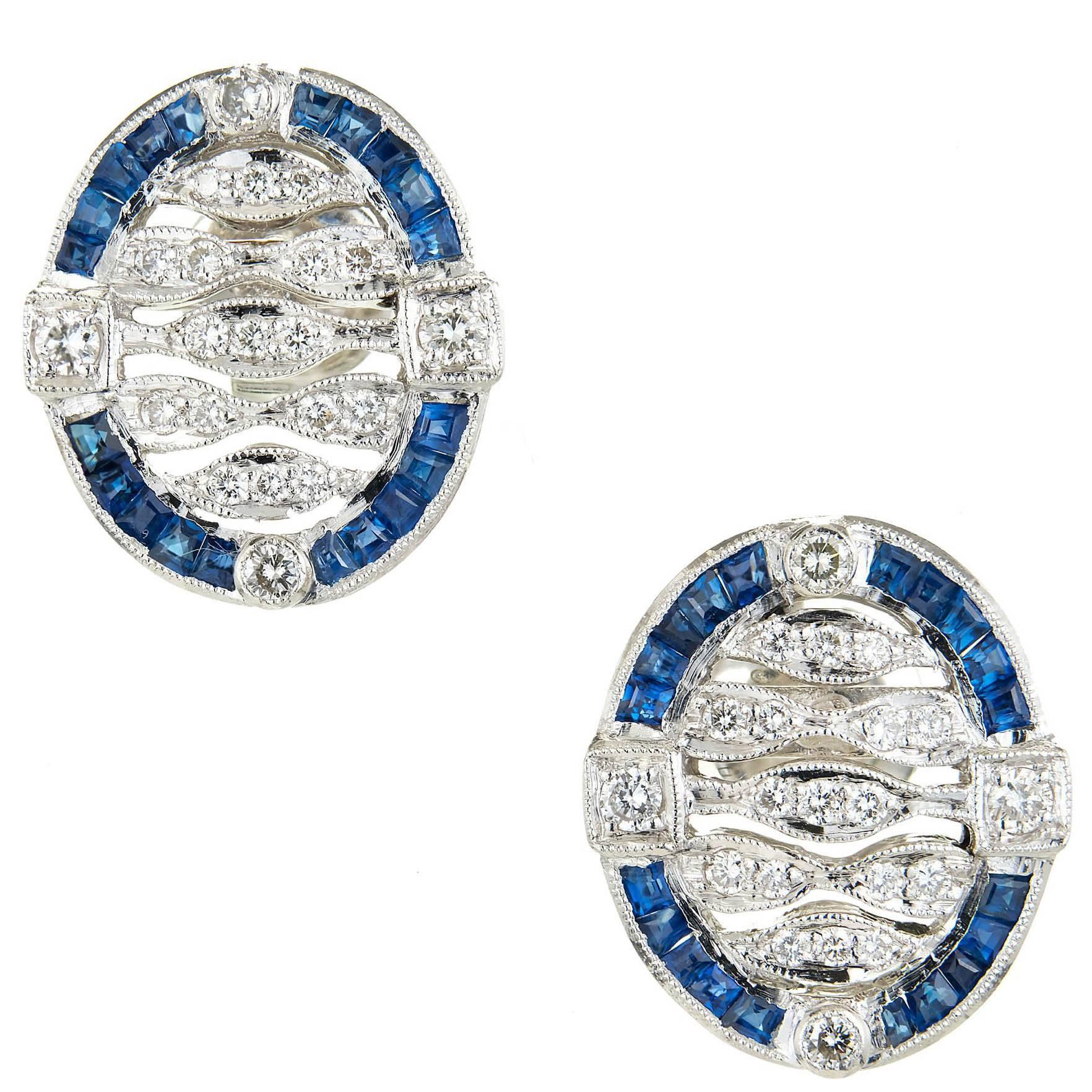 Art Deco Sapphire Diamond Platinum Open Work Earrings