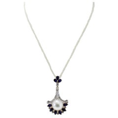 Diamonds Blue Sapphires and Pearl Pendant Gold  Necklace