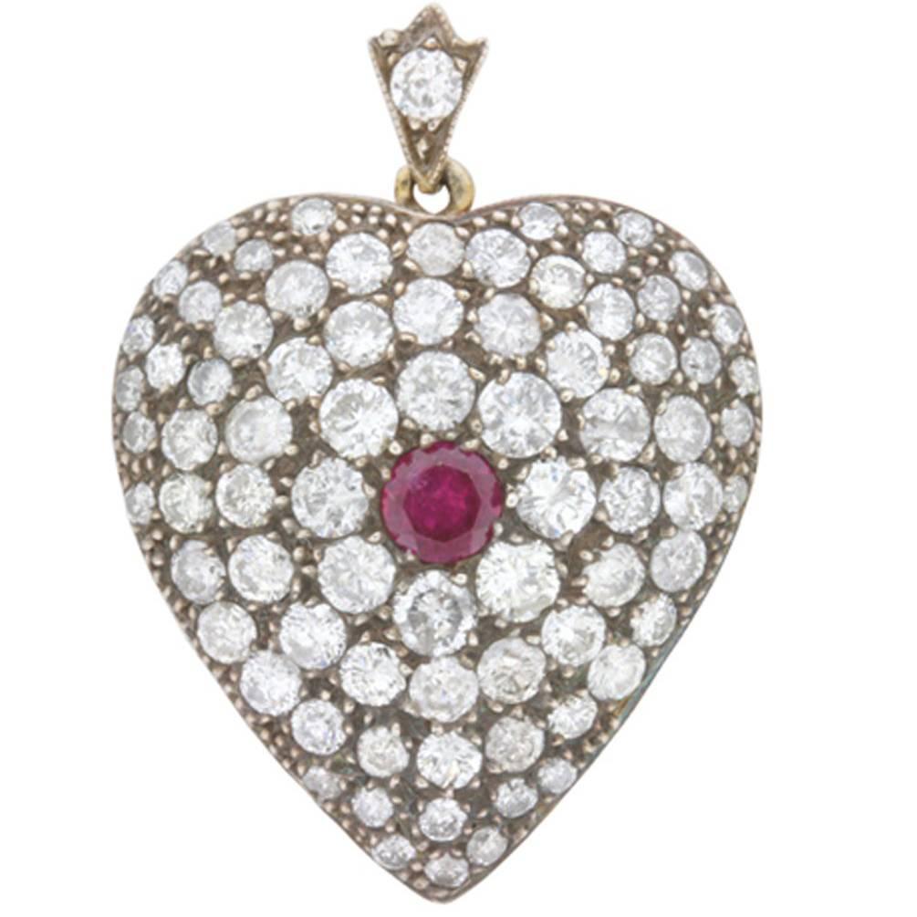Vintage Heart-Shaped Diamond and Ruby Pendant, circa 1940s