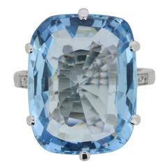 14.71 Carat Cushion Cut Aquamarine Ring with Set Shoulders, circa 1980s 3