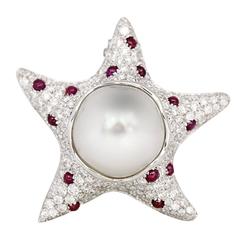 Starfish Diamond Ruby Australian Pearl Gold Pendant 8