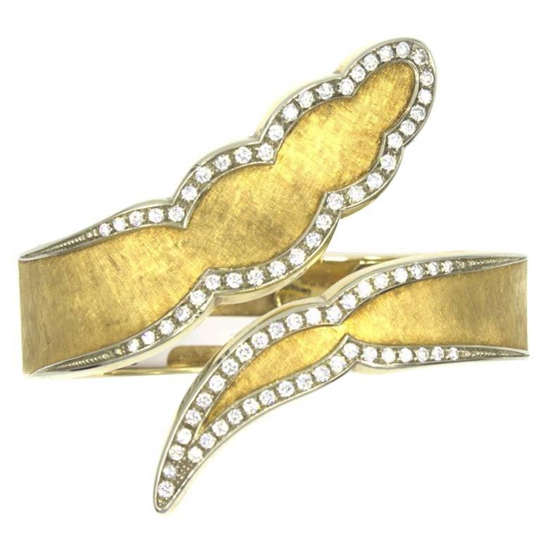 1970's Diamond 18 Karat Yellow Brushed Gold Bypass Bangle Bracelet