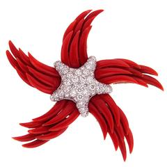 "Stella dei Palme" Red Coral and Diamond Starfish Brooch 10